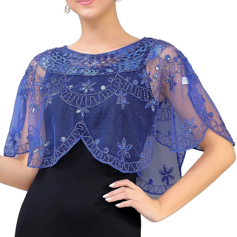 Fashion Mesh Lace Shoulder Yarn Embroidery Flower Transparent Wedding Scarves Shawl Dress Decor Sequins Evening Capes Bridal
