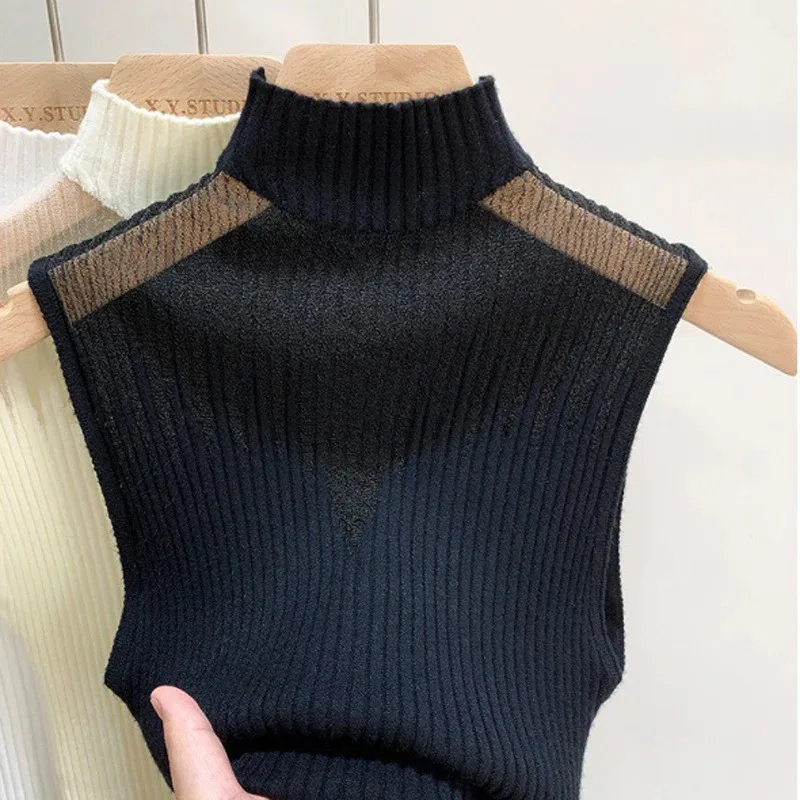 Women Slim Knitted Vests Summer Female Turtleneck Sleeveless Solid Stretch Camis Tank Tops