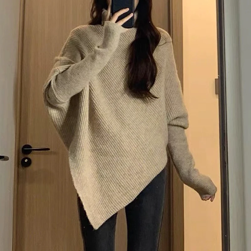 

Новый повседневный пуловер с высоким воротником, нерегулярный женский свитер, осень-зима, элегантный свободный вязаный топ с длинными рукавами, однотонная одежда