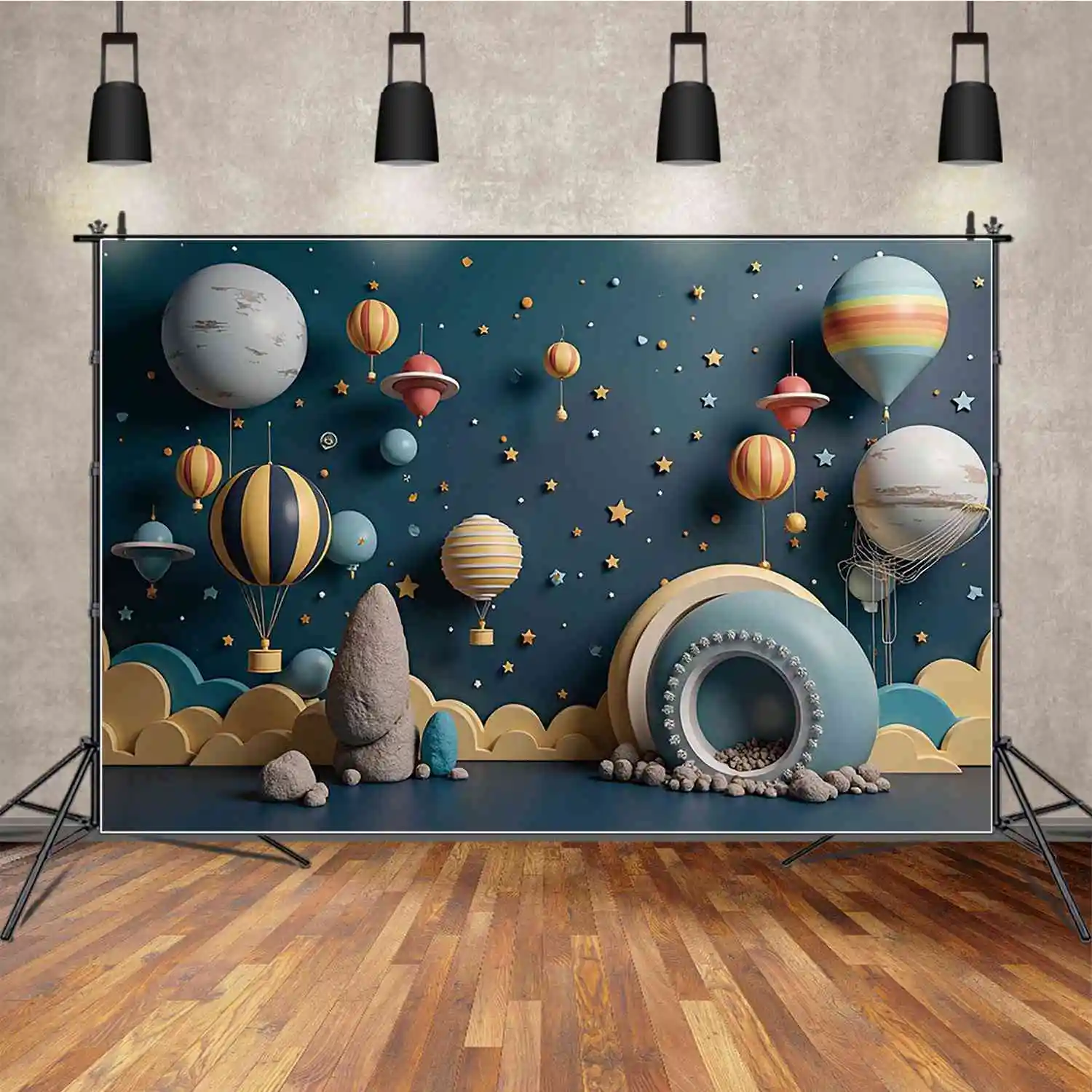 MOON.QG 3D Hot Air Balloon Boy Birthday Photography Background Cosmos Rings Star Photozone Backdrop Baby Studio Photocall Props