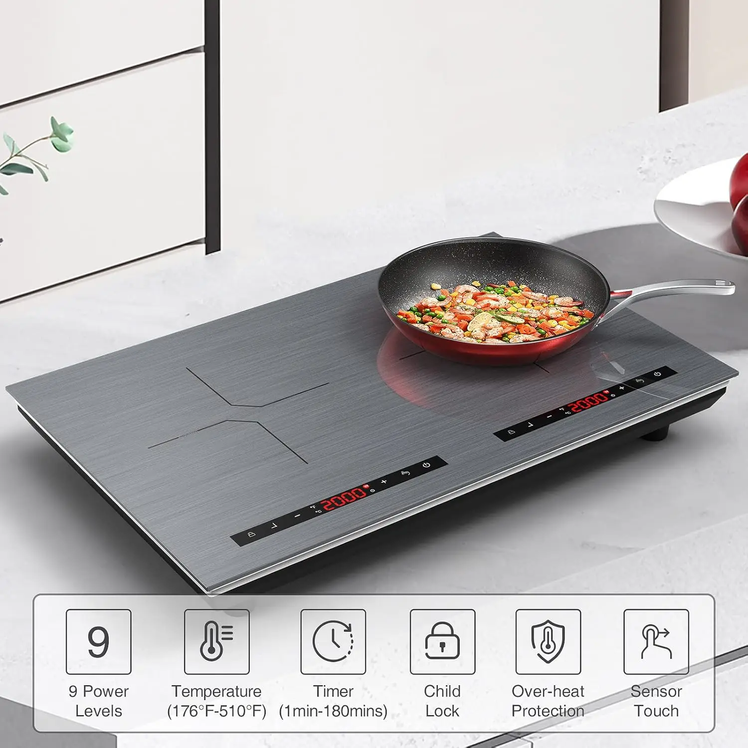Portable Induction Cooktop 2 Burners-4000W 24 Inch Double Induction Cooktop 110V Plug in with 9 Power Levels Settings