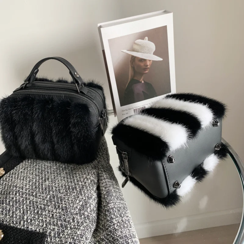 Mink Fur Bag Female Black White Handbag Real Mink Fur Shoulder Bags Crossbody Bags For Women Winter Furry Messenger Hand Bags