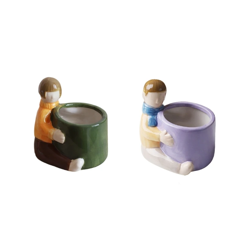 Y1UU Lovely Girl Boy Figurine Ceramic Flower Pots Succulents Basin Home Decorations Hand Painted Bonsais Pots Desktops