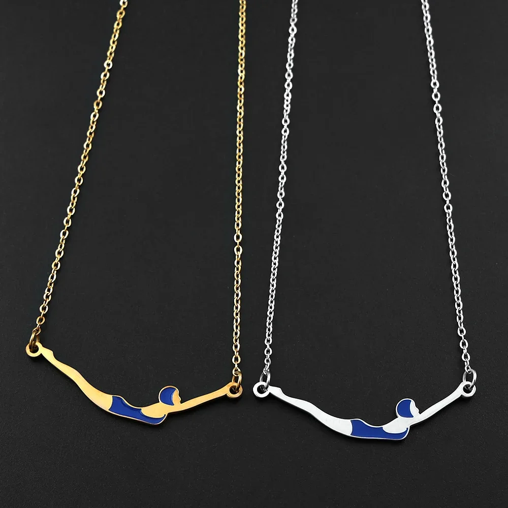 Swimming Diving Water Pendant Necklaces Women Summer Sports Swim Blue Charms Waterproof Chain Stainless Steel Necklace Jewelry