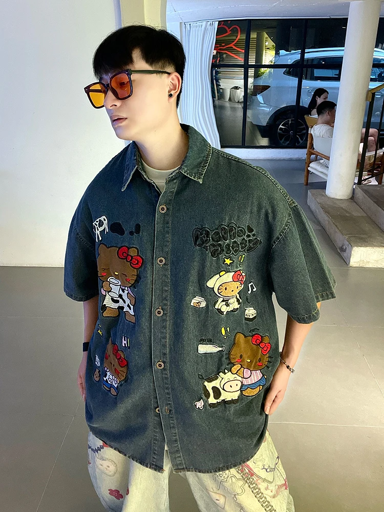 

Cartoon Fun Cow Kit Embroidered Waed Denim ort Sve Loose irt ex American Retro Sle Cotton Breathable Sum...