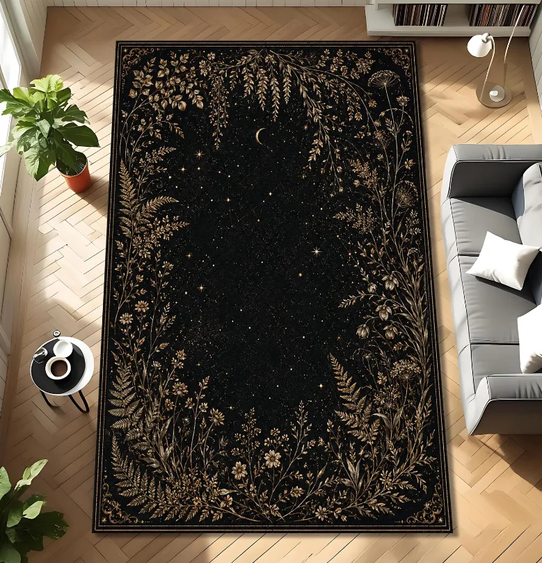 Custom Night Sky - Black Celestial Botanical Rug Gold Floral