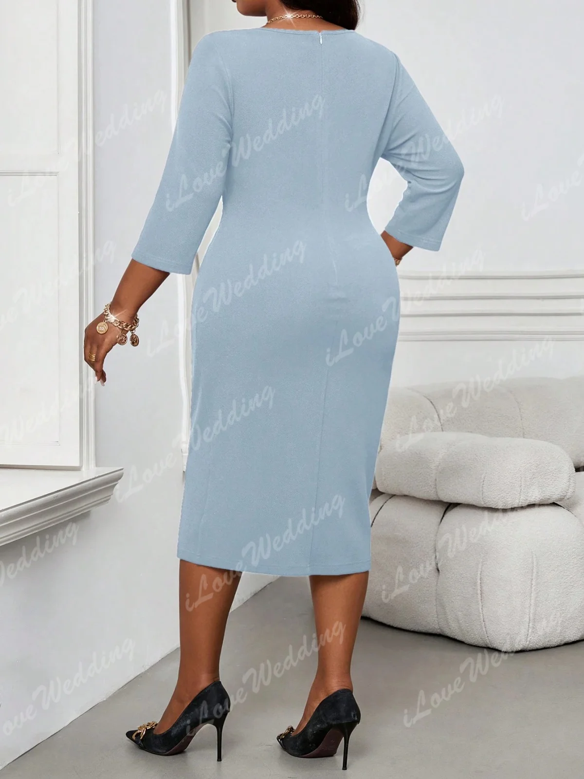 Fashion Mother's Dress Women's O Neck Mermaid High Waist Ruched Ruffles Solid Dress Commuter Cocktail Gown Tea Length Customized