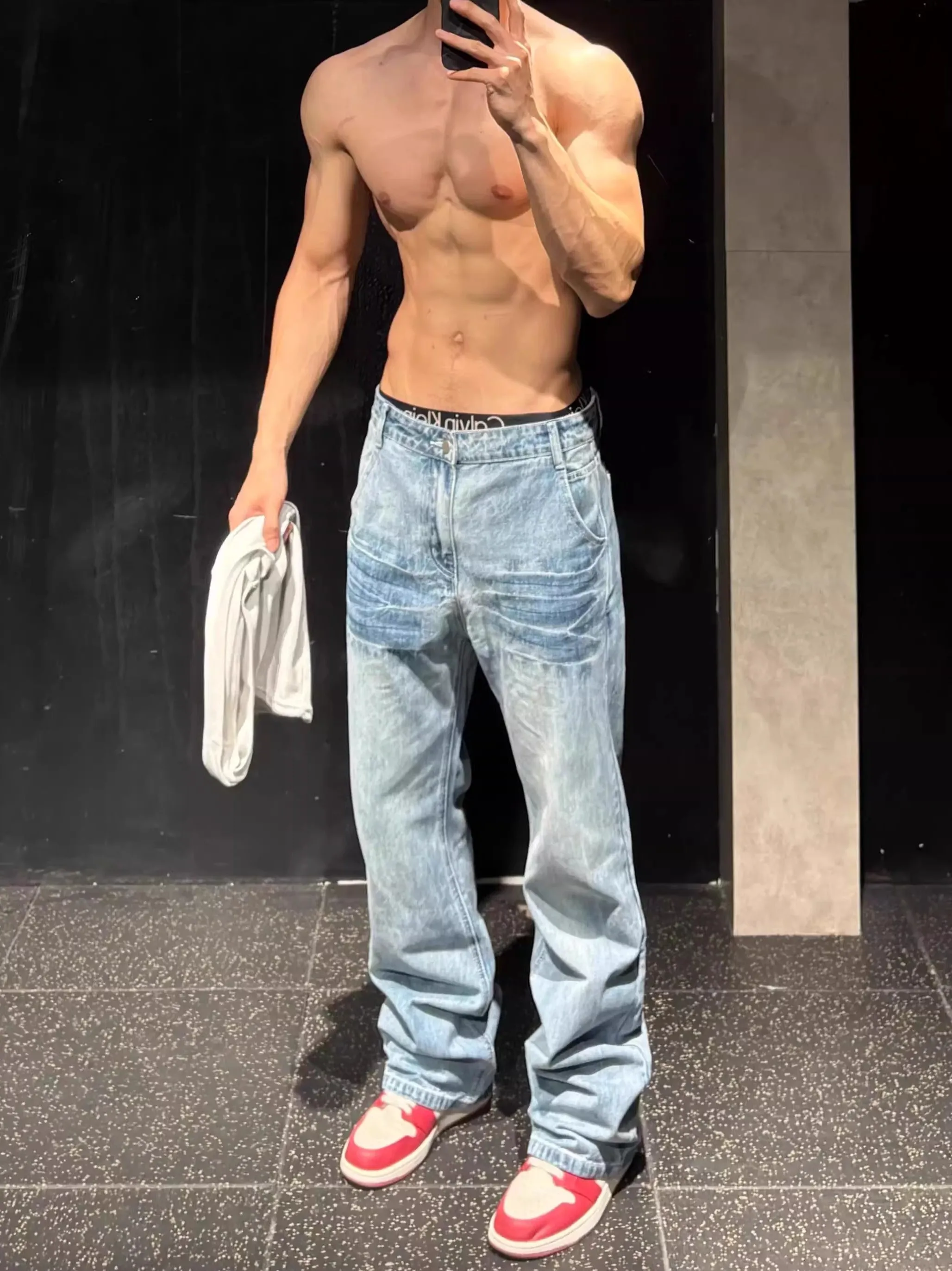 

American Style Light Blue Men's Jeans Spring Cleanfit Straight Leg Slimming Flared Long Pants Washed Denim Jeans