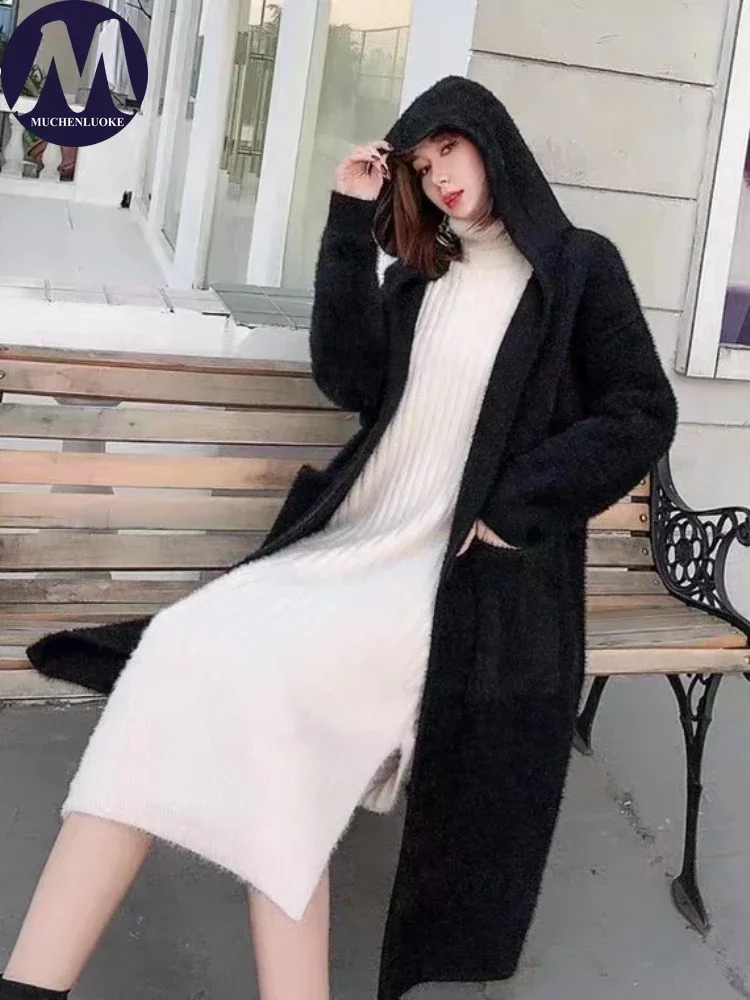 

Women's Loose Plush Hooded Cardigan Lazy Breeze Sweaters Long Coat Fashion Clothing Autumn Winter New 2025