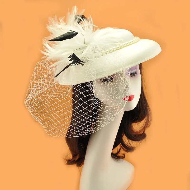 

Large Satin Feather Fascinator Hat with Veil, Elegant Pearls Decoration Bucket Hat for Wedding Church Tea Party Women