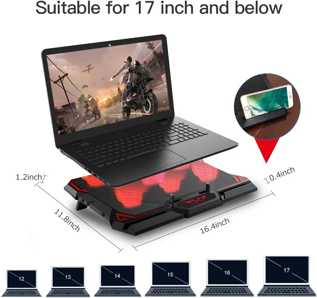 COOLCOLD 17 بوصة الألعاب مبرد الكمبيوتر المحمول ستة مروحة شاشة Led اثنين منفذ USB 2600 دورة في الدقيقة حامل الكمبيوتر المحمول لوحة تبريد الكمبيوتر المحمول