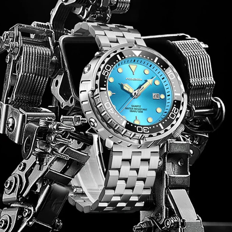 

Мужские спортивные часы FOXBOX из нержавеющей стали, водонепроницаемые, светящиеся, кварцевые, наручные, модные, деловые, с хронографом