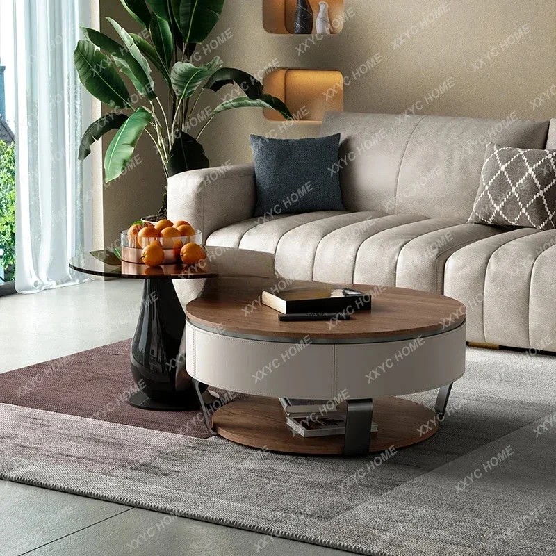 

A High-end saddle leather coffee table living room home light luxury modern high-end round coffee table combination