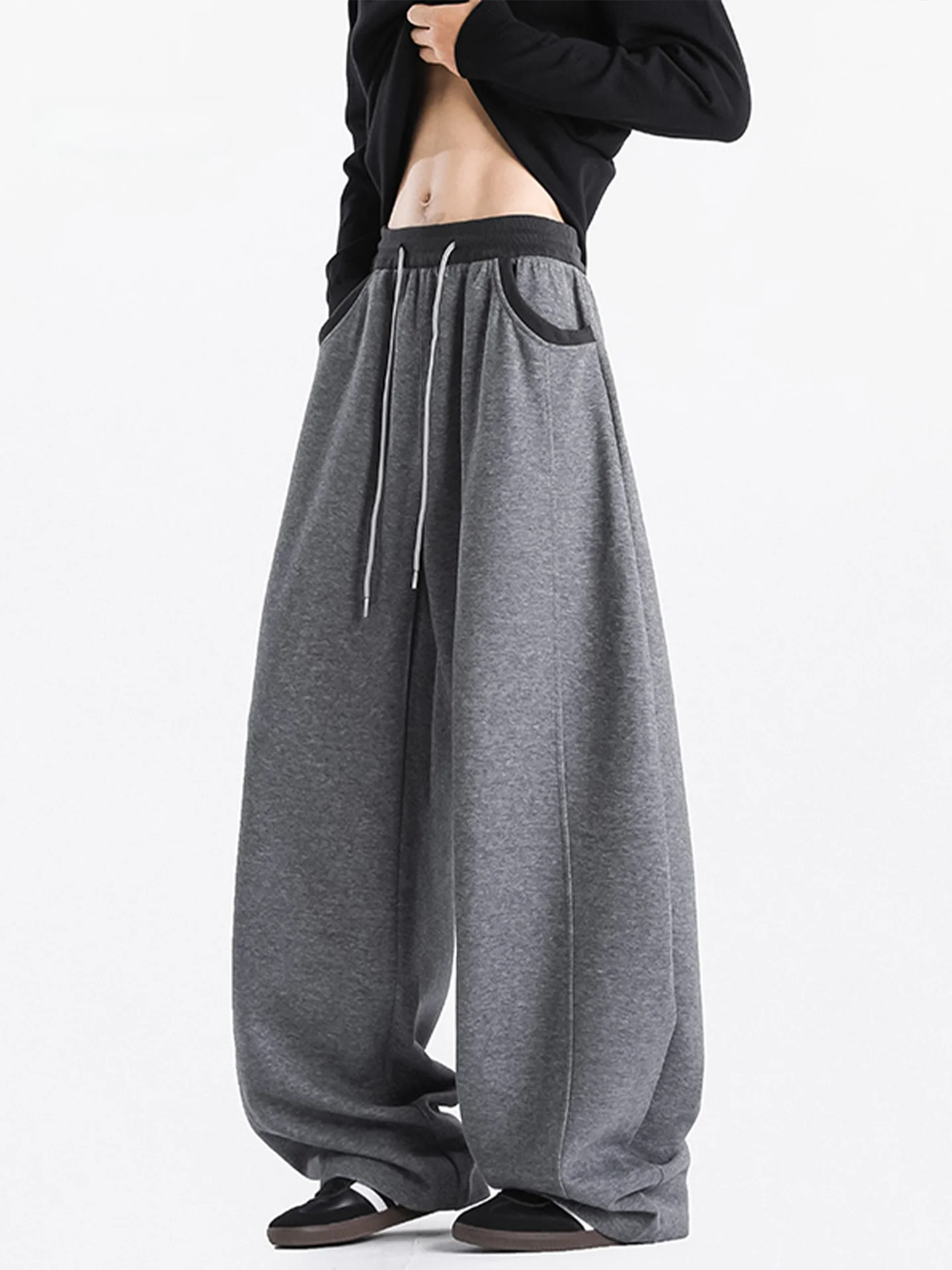 

Мужские повседневные свободные прямые длинные брюки в американском ретро-стиле с элементами пэчворка, осенние, модные, брендовые, мешковатые, струящиеся