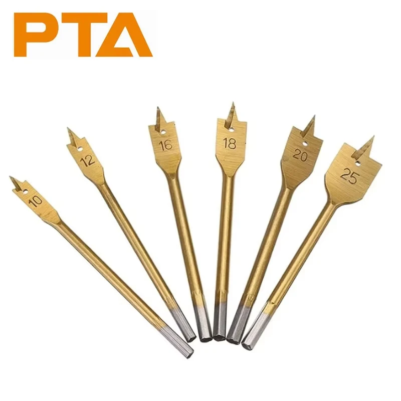 

6 Pcs Spade Drill Bit Set Paddle Flat Bits Hole Cutter Titanium Coating Carbon Steel Woodworking Tool 10/12/16/18/20/25mm