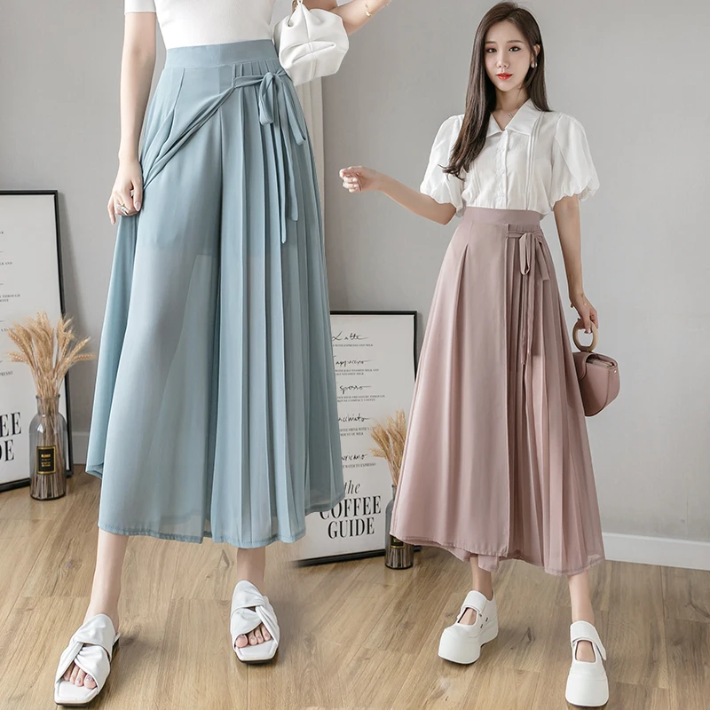 

Fashion Pants Woman Casual Culottes Women Clothes Female Pleated Wide Leg Pant Girls Sexy Trouser Skirt OL Bottoms Pants VAD964