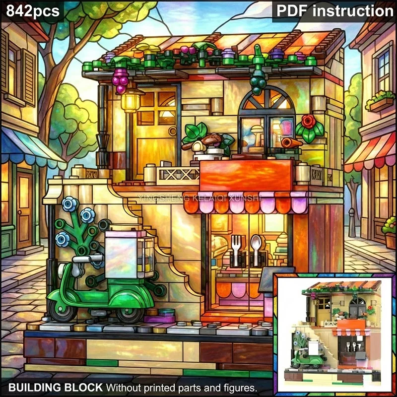 مجموعة بناء للمشاريع اليدوية: مدينة ومتاجر ومطاعم ومنازل وفلل أوروبية، مكعبات بناء على شكل قطع خشبية