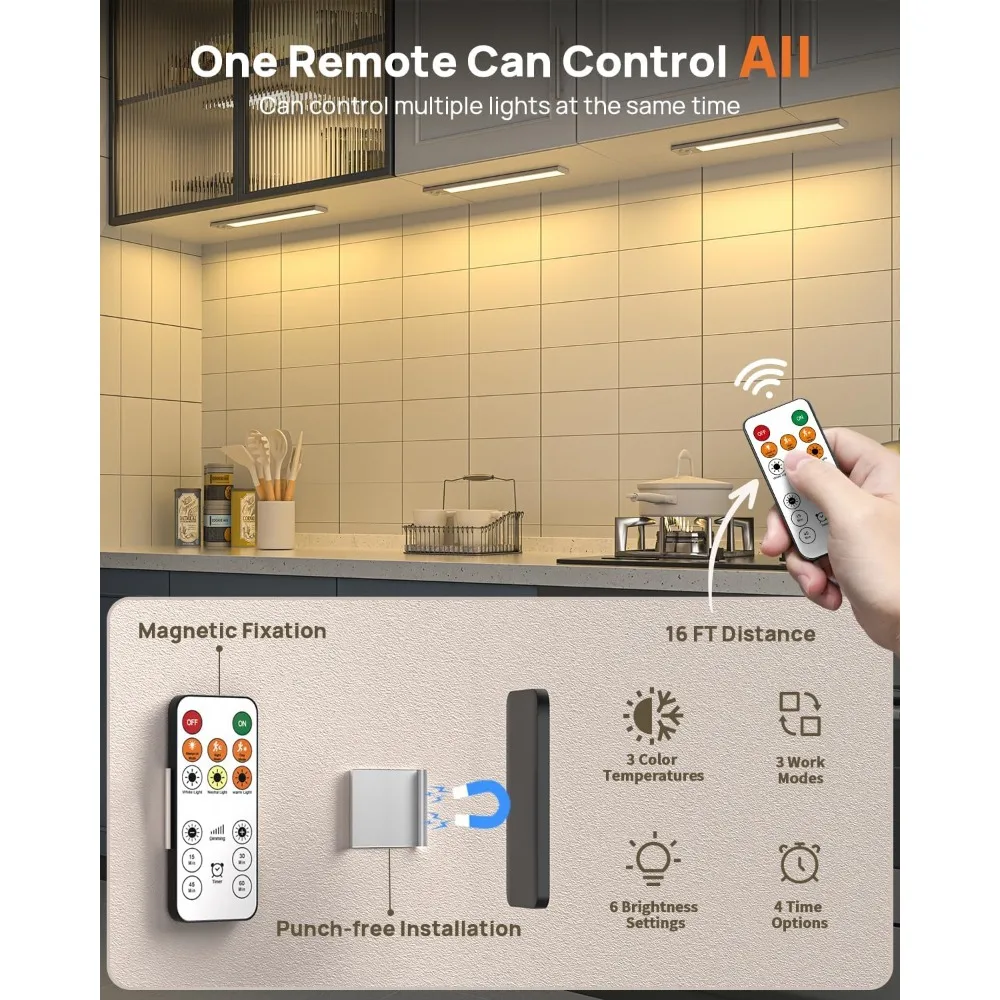 Luz LED inalámbrica para debajo del gabinete activada por movimiento de 16 pulgadas con batería recargable por USB y control remoto para uso en interiores