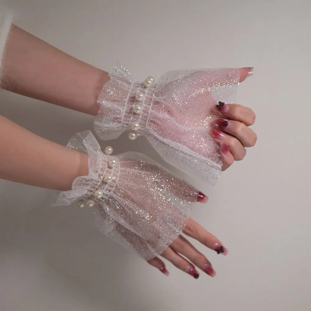 Short Length Wrist Fake Sleeves Tulle Sequin Nail Art Background Comfortable Pearl Women Cuff Extension Hand Model Display