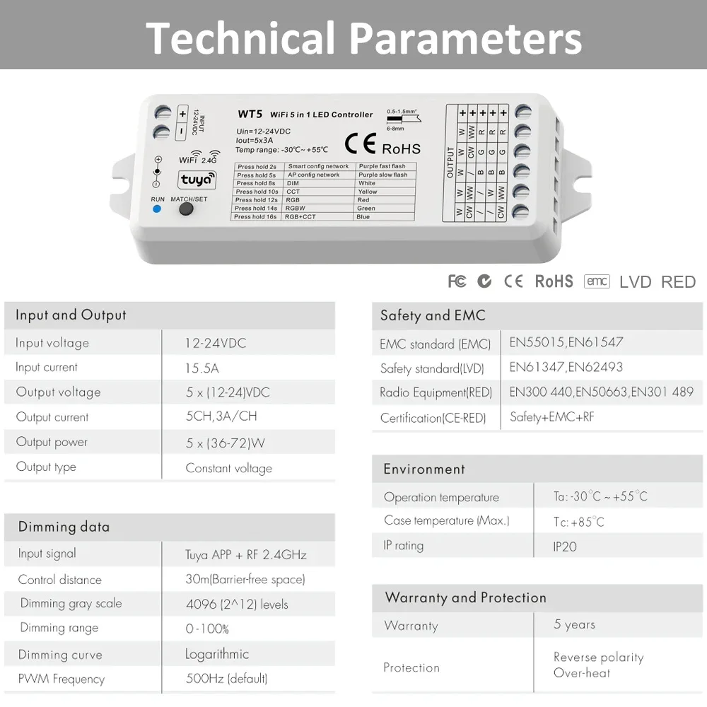 Tuya WT5 LED Controller 5 in 1 Wifi Dimmer DC 12V 24V 2.4G RF Wireless Remote RT5 RT10 per CCT RGB RGBW RGBCCT Strip Light