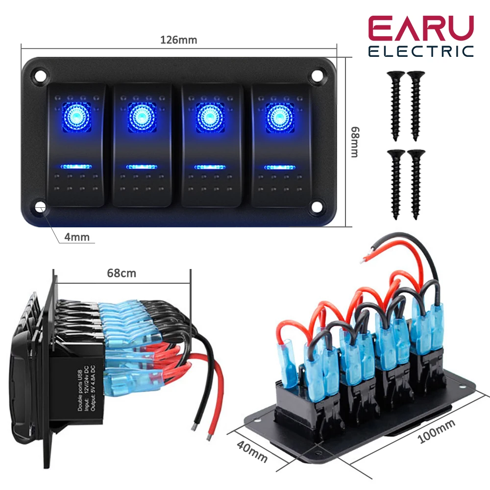 Earu 3Gang 4 Gang Dual LED Marine Boat Rocker Switch Panel for Truck Boat Car Switch Panel Lighter Socket Circuit Breaker