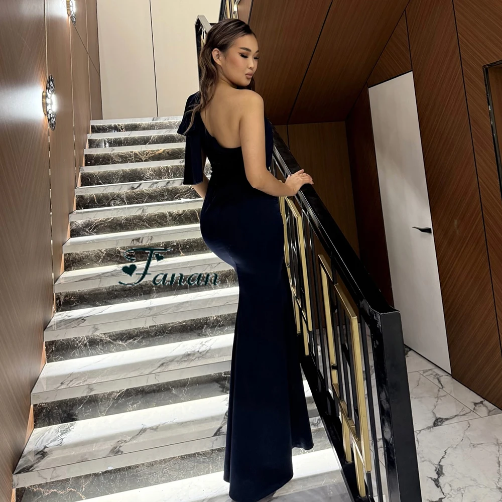 Sukienka wieczorowa na jedno ramię, granatowa, z dżerseju, z odkrytymi plecami, z kokardą, prosta sukienka na przyjęcie, krój syreny, długość do kostek, suknia na studniówkę.