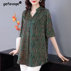 2023 New Summer Vintage Fashion Print V Neck Loose Short Sleeve Tunic Ladies Tops Blouses Casual Irregular Women Shirts Clothing