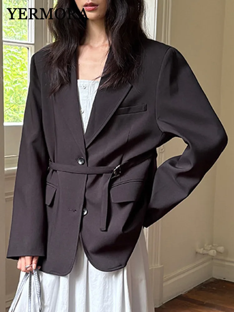 

YERMORA Black Buckle Belt Brief Casual Blazer For Women Lapel Long Sleeve Loose New Jacket Fashion Tide Spring Autumn 2025
