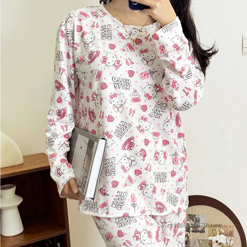 Sanrio Hello Kitty Korean Version Cute Pajamas Women New Long Sleeved Pants Casual Home Clothes Set Sweet Y2k Girl Style Pajamas