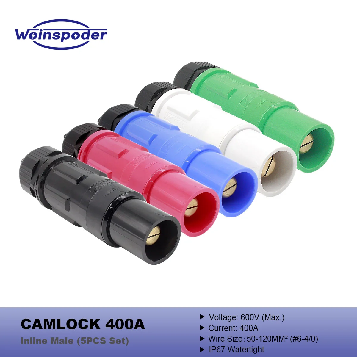 

WOINSPODER Набор из 5 шт., 400 А, 600 В, линейная вилка Camlock, однополюсный разъем питания, IP67, водонепроницаемый для кабеля 50-120 кв. мм ( # 6-4/0)