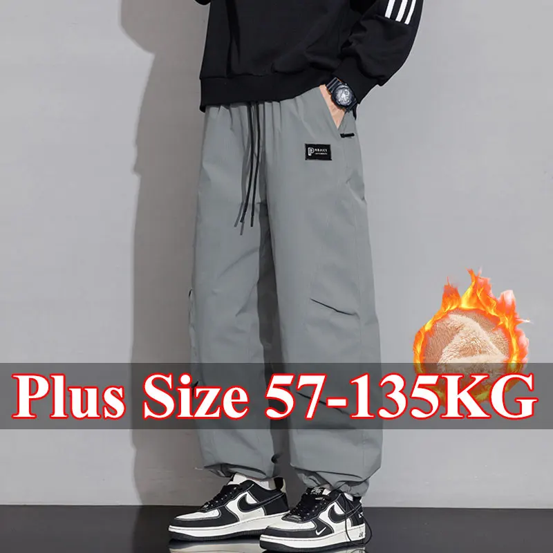 

Plus Size Black Loose-fit Wide-leg Pants for Men Winter Autumn Fleece-lined Workwear Cotton Pants Ski Trousers Male Clothing 6XL