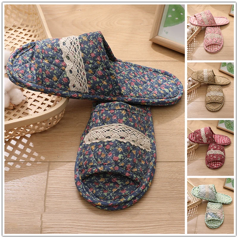 Women Indoor Cotton Slippers Vintage Couple Floral Bedroom Carpet Slippers Soft Toe Sole Slippers Non-Slip Travel Flat Shoes