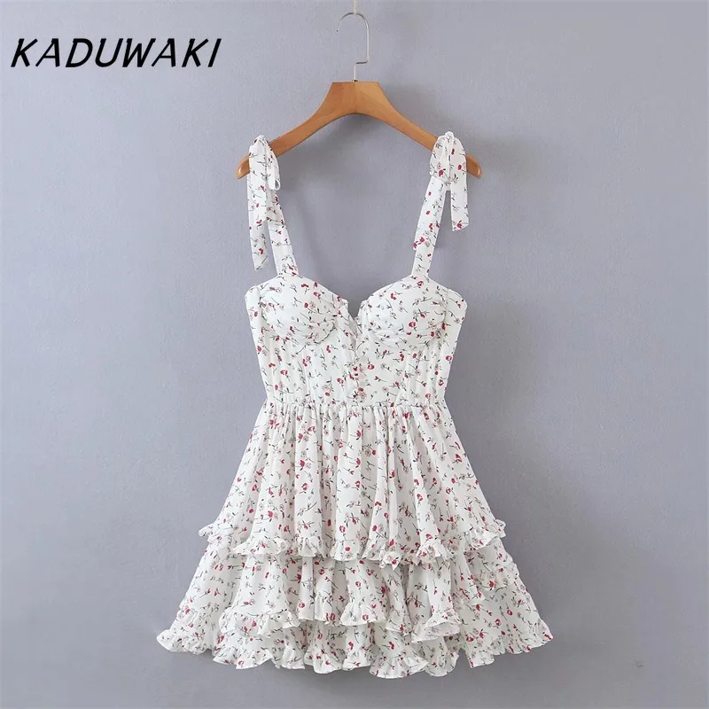 

KADUWAKI Elegant Summer Bandage Tie Bow Spaghetti Strap Mini Dress Sexy Women V neck Hem Spliced Ruffles Sling Holiday Vestidos