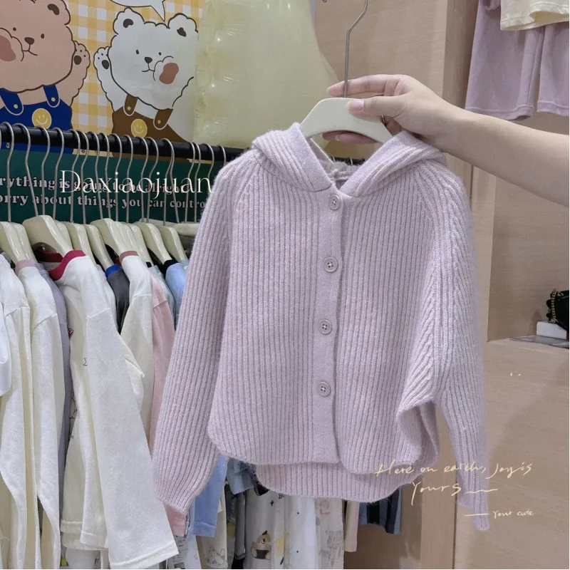 【Malhas】Children2024Autumn novos suéteres com capuz cardigan meninas primavera e outono casual