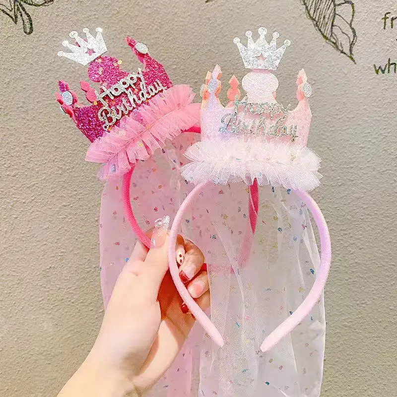Happy Birthday Crown Headband Long Sparkly Veil Princess Tiara Fashion Hair Accessory for Girls Holiday Celebration