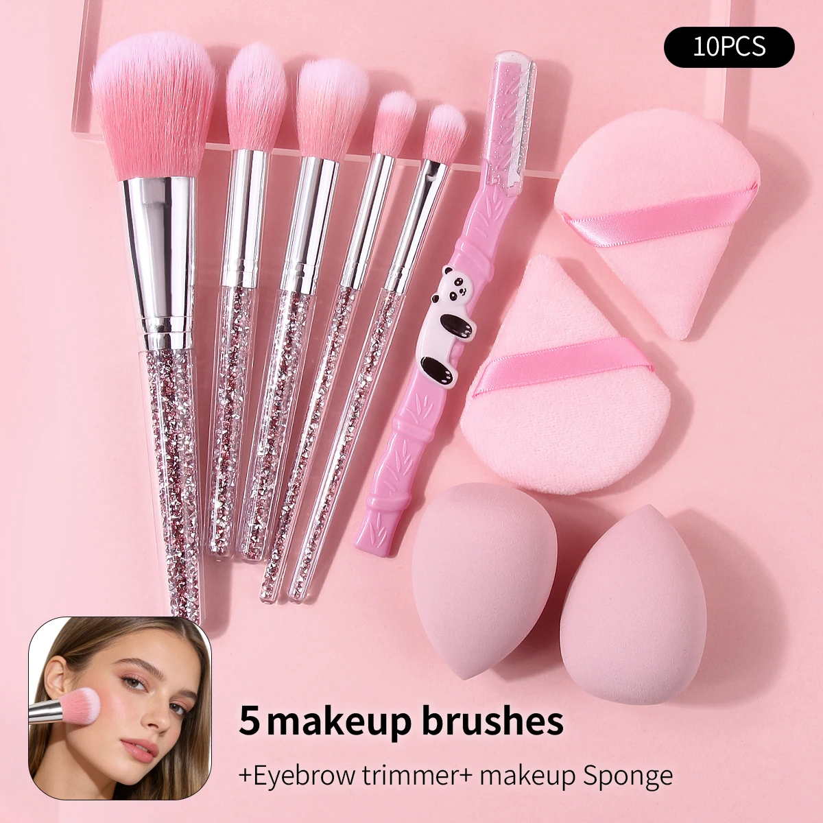 10PCS Pink Makeup Brush Set - Sparkling Handle Multi-functional Brush + Triangular Powder Puff/Sponge Egg + Brow Shaping Knife