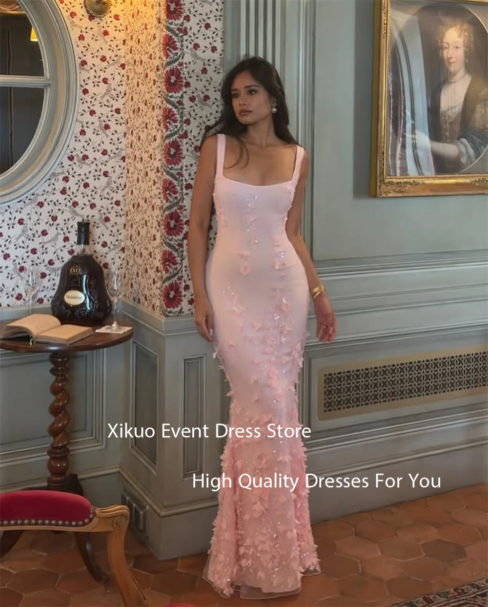Xikuo Fairy Pink Satin Evening Gowns Long Mermaid Robe Cocktail Femmes 3D Flowers Spaghetti Strap Party Prom Dresses Customized