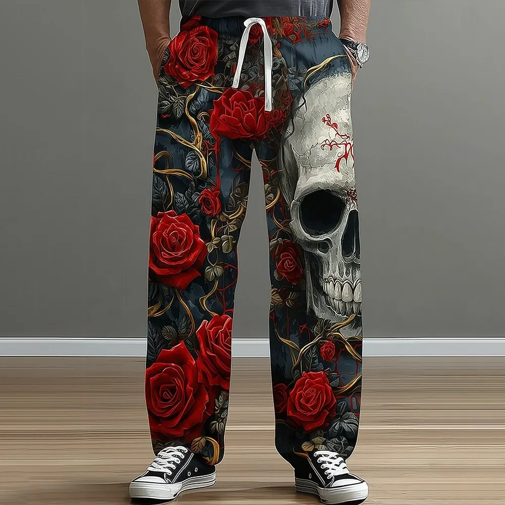 2026 Modische Herren-Hose mit Rosen-Totenkopf-Motiv, Baggy-Fit, Freizeithose, mittelhoher Bund, dunkler Gothic-Stil, elastischer Kordelzugbund, Herbst – Detail 4