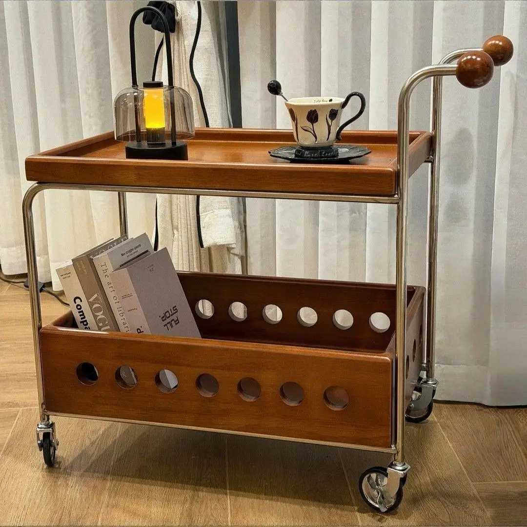 Medieval style movable multi-functional trolley small apartment pure solid wood coffee table side table brake wheel storage