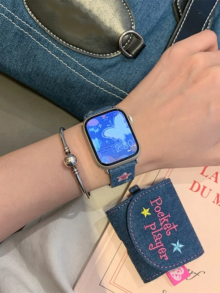 Y2k Star Butterfly Embroidered Denim Leather Watch Strap For Apple Watch Band 41mm 40mm 38mm Girl Band For iwatch 8 7 SE 6 5 4 3