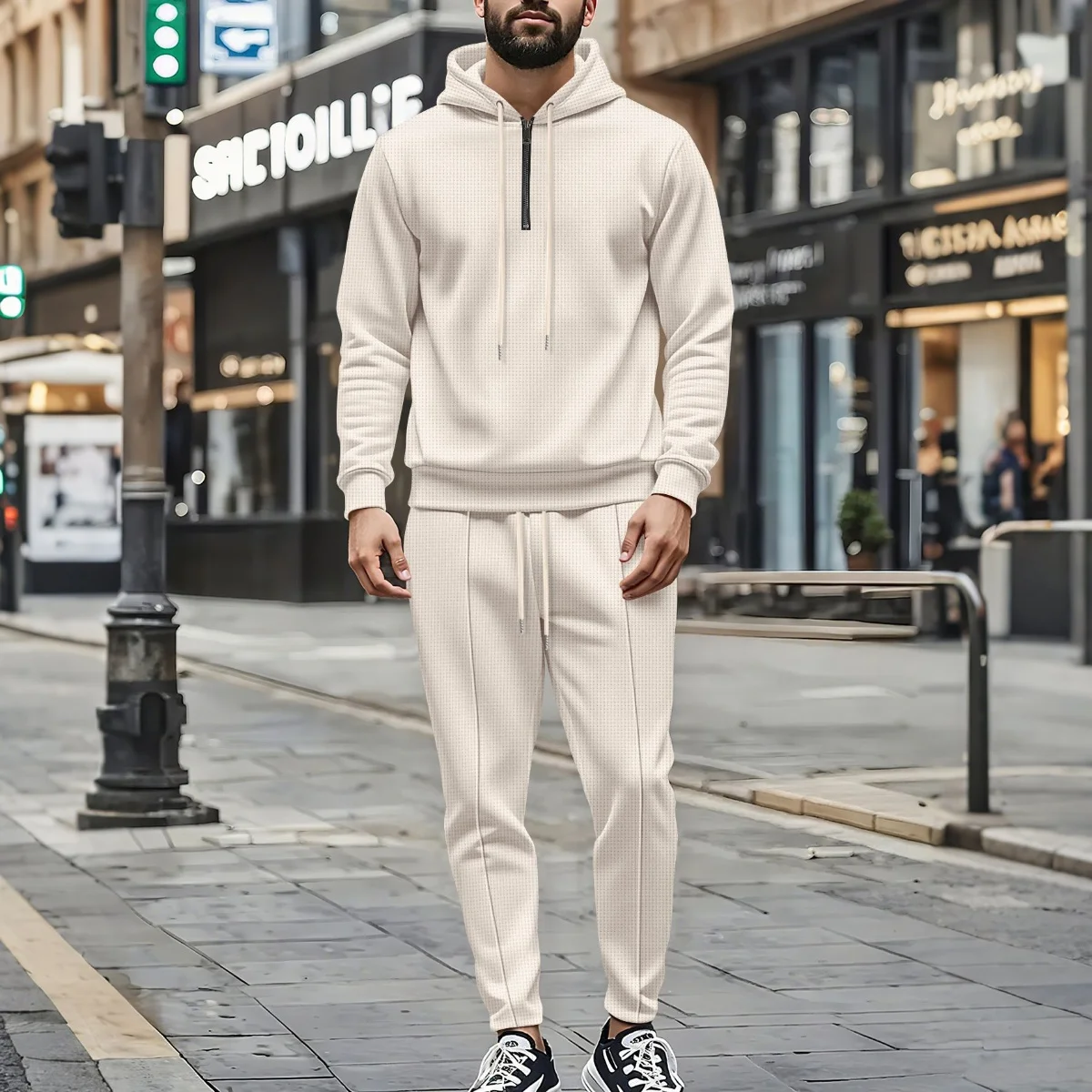 

Spring and autumn new style waffle plain color streetwear men's casual suit - fashionable hooded half-zip long-sleeved pants set