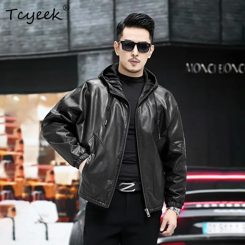 Tcyeek Real Leather Jacket Man Spring Autumn Clothes Hoodie Top Layer Cowhide Coat Male Fashion Loose Fit Jaqueta De Couro 2026