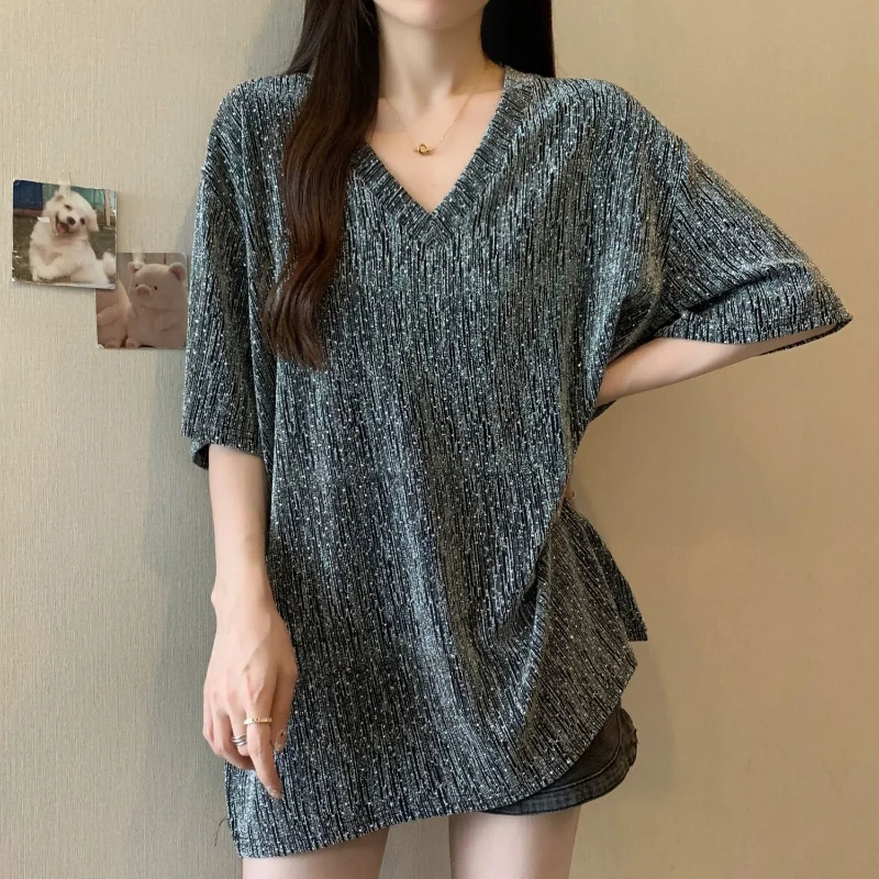 Korean Fashion Summer T-Shirts Women's V-Neck Solid Color Patchwork Split Simplicity Casual Loose Short Sleeve Mid-Lengt Tops