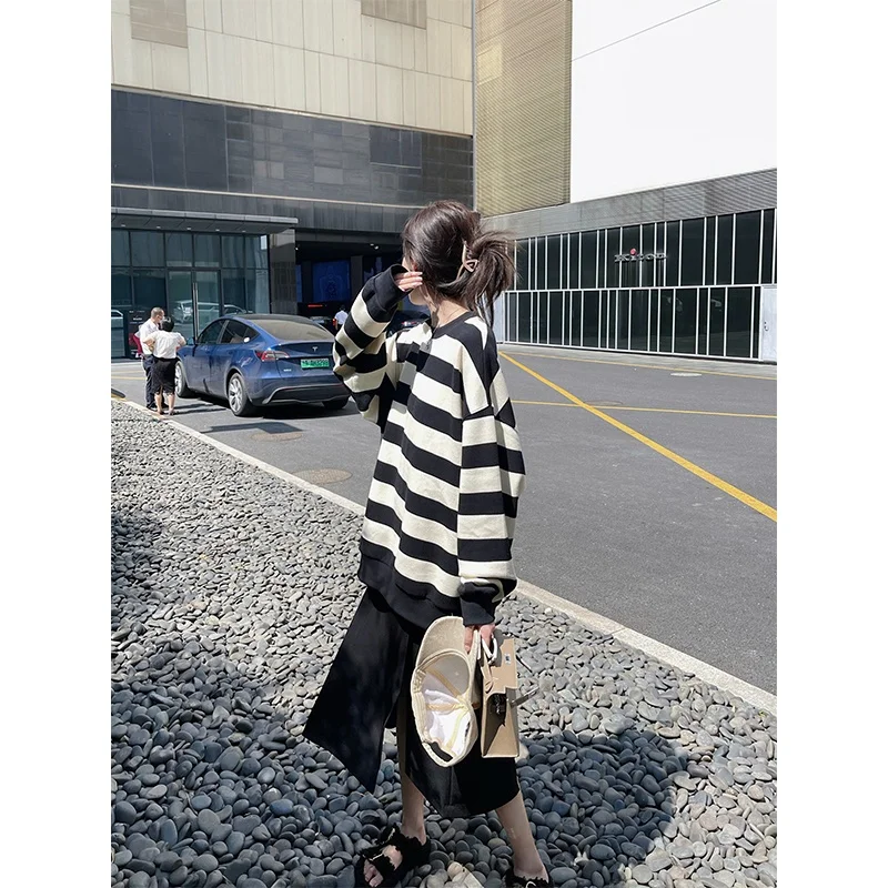 

Autumn Winter Loose Fit round Ne Sweatirt Women's Casual Sportswear Sle Color Blo Striped Outerwear Slimming Top