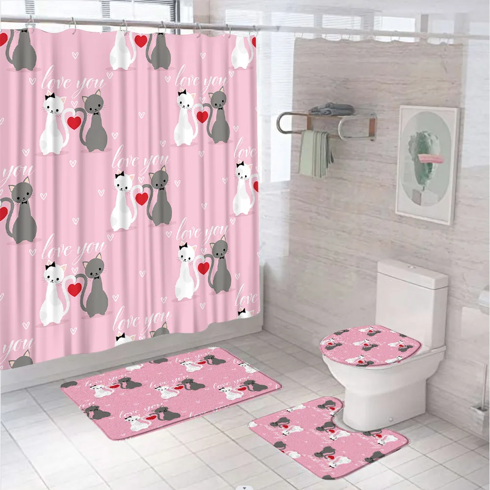 

Romantic Couple Cute Cat Shower Curtain Set Pink Heart Love Valentine's Day Bathroom Curtains Non-Slip Bath Mat Rug Toilet Cover