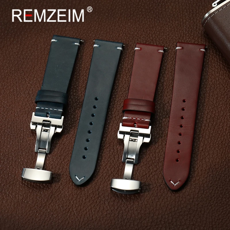 

Solid Butterfly Buckle Retro Genuine Leather Watchbands18mm 20mm 22mm Strap Oil Wax Discoloration Quick Release Wrist Band