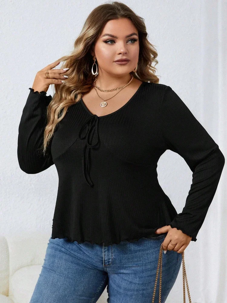 Black Plus Size Blouse Women Casual Pullover V Neck Long Sleeves T-Shirts Slim Fit Office Lady Autumn Winter Tops 2023