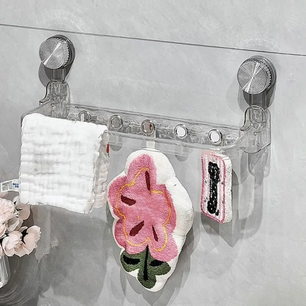 Plastic Suction Cup Storage Rack Wall Mounted Punch Free Towel Storage Rack with Hooks Space Saving Towel Bar Bathroom