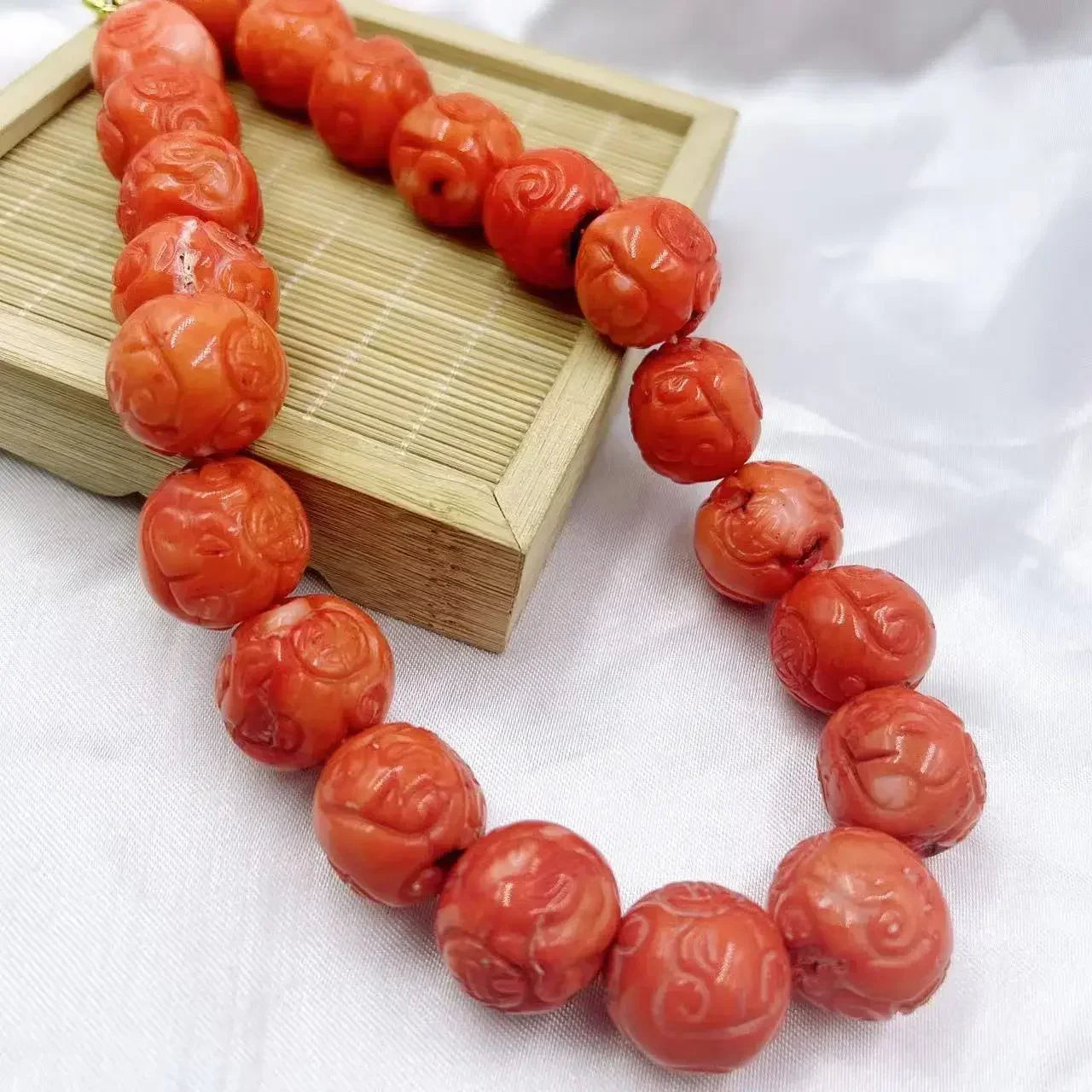 

20mm Big Nice Orange Vintage Round Natural Sea Bamboo Coral Carved Women Jewelry Short Necklace 17-20inch