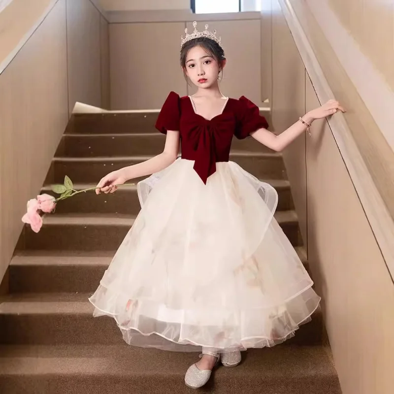 

Вечернее платье для девочек, легкое роскошное нишевое высококачественное красное платье принцессы на день рождения, детское платье для выступлений на фортепиано для девочек
